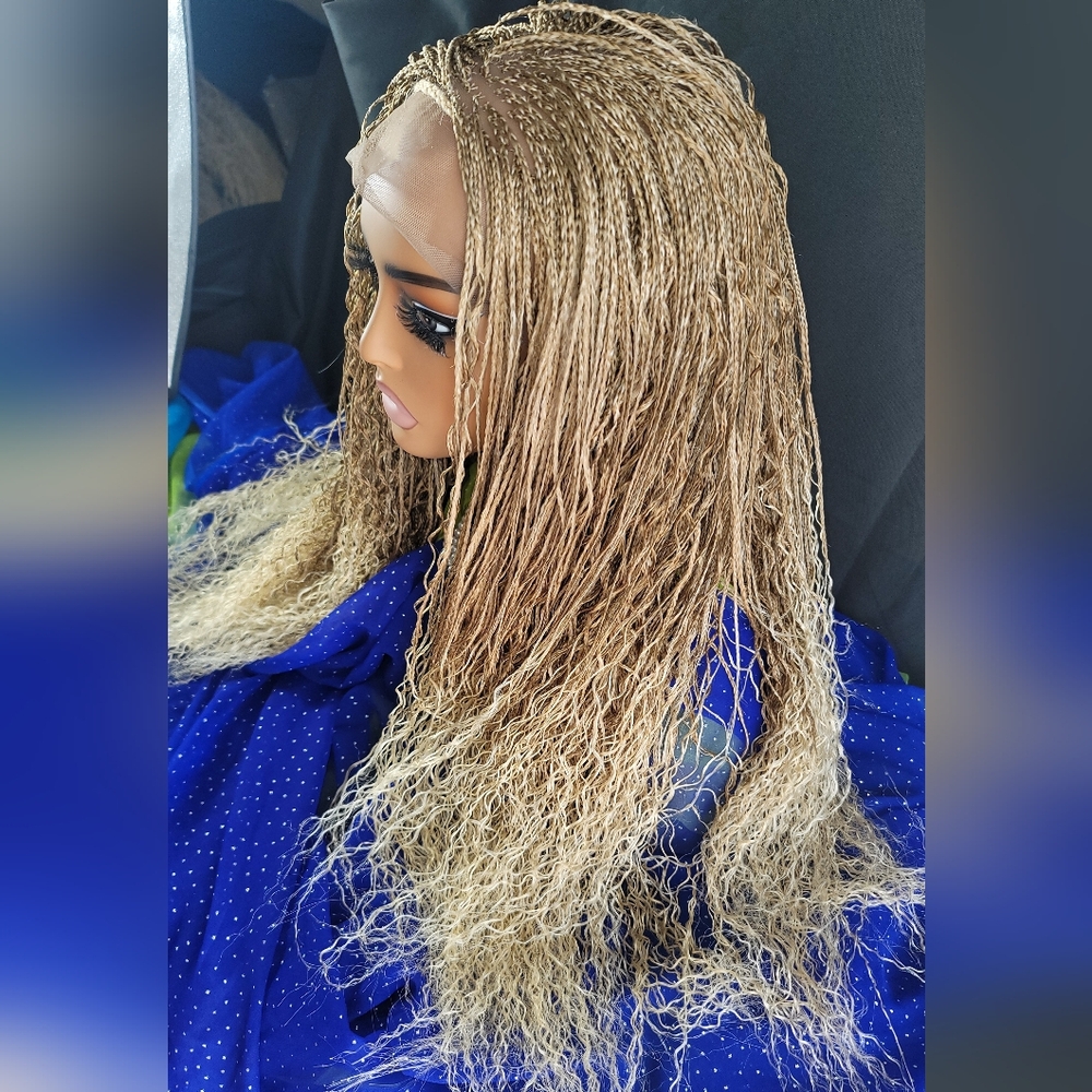Micro Braided Wig boho | Blonde 613/27 Ombre | Long 22" | Curly Ends Full Lace โจ - Picture 4 of 15
